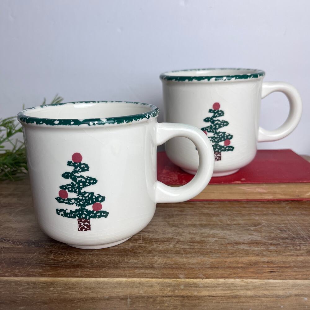 Set of Two Vintage Furio Christmas Tree Coffee Mugs Made in Italy Spongeware